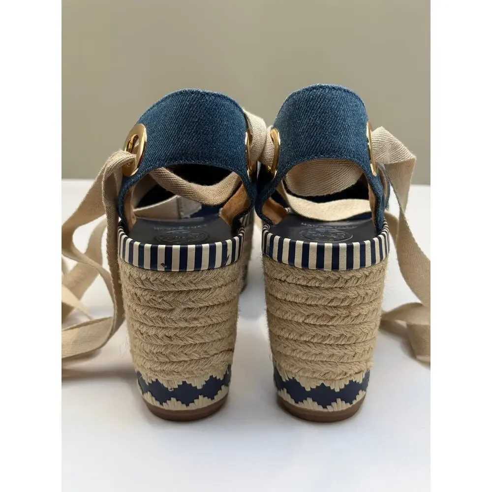 TORY BURCH DANDY Espadrille Platform SZ 6.5M Blue Jean Ankle Wrap Sandals - Picture 3 of 13